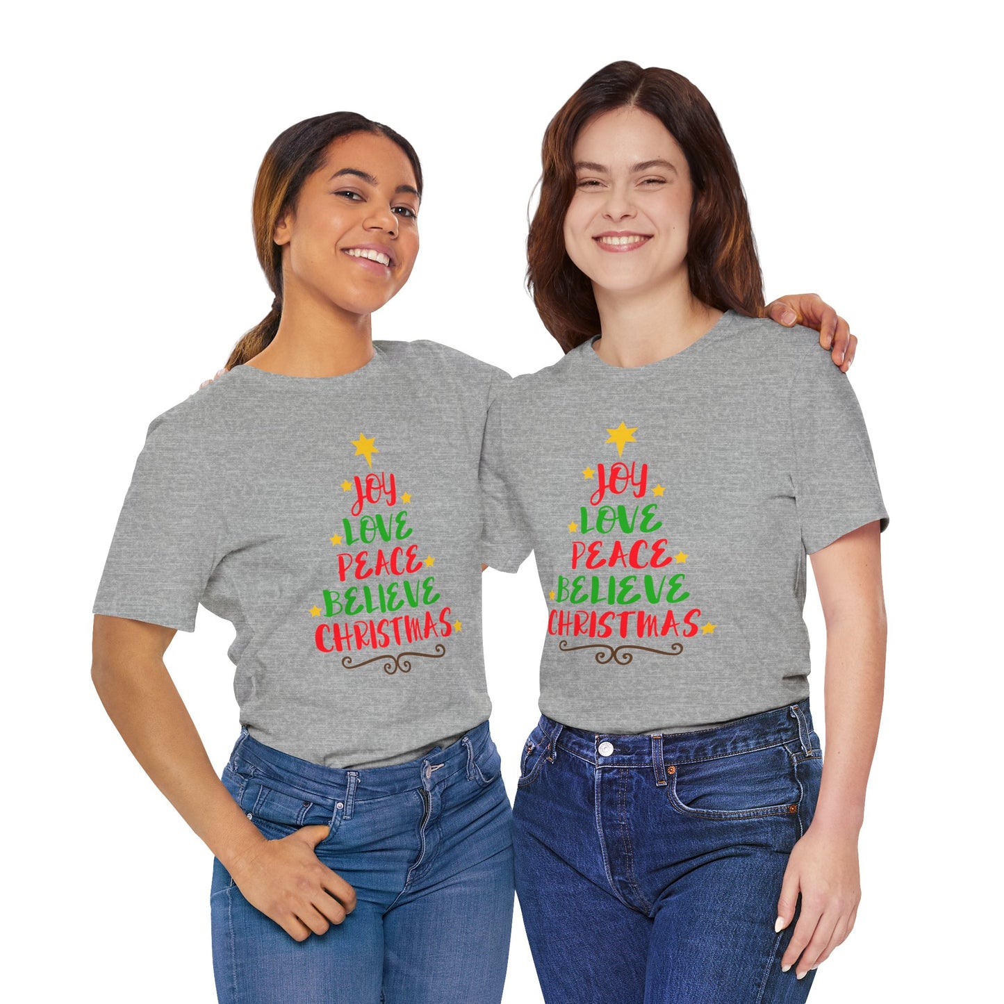 “Joy, Love, Peace, Believe, Christmas” Unisex T-Shirt