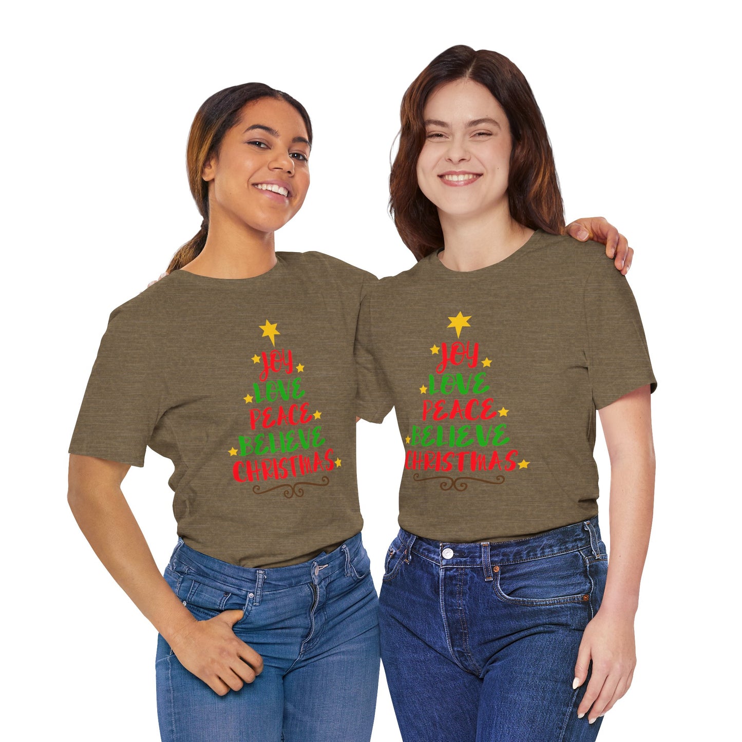 “Joy, Love, Peace, Believe, Christmas” Unisex T-Shirt
