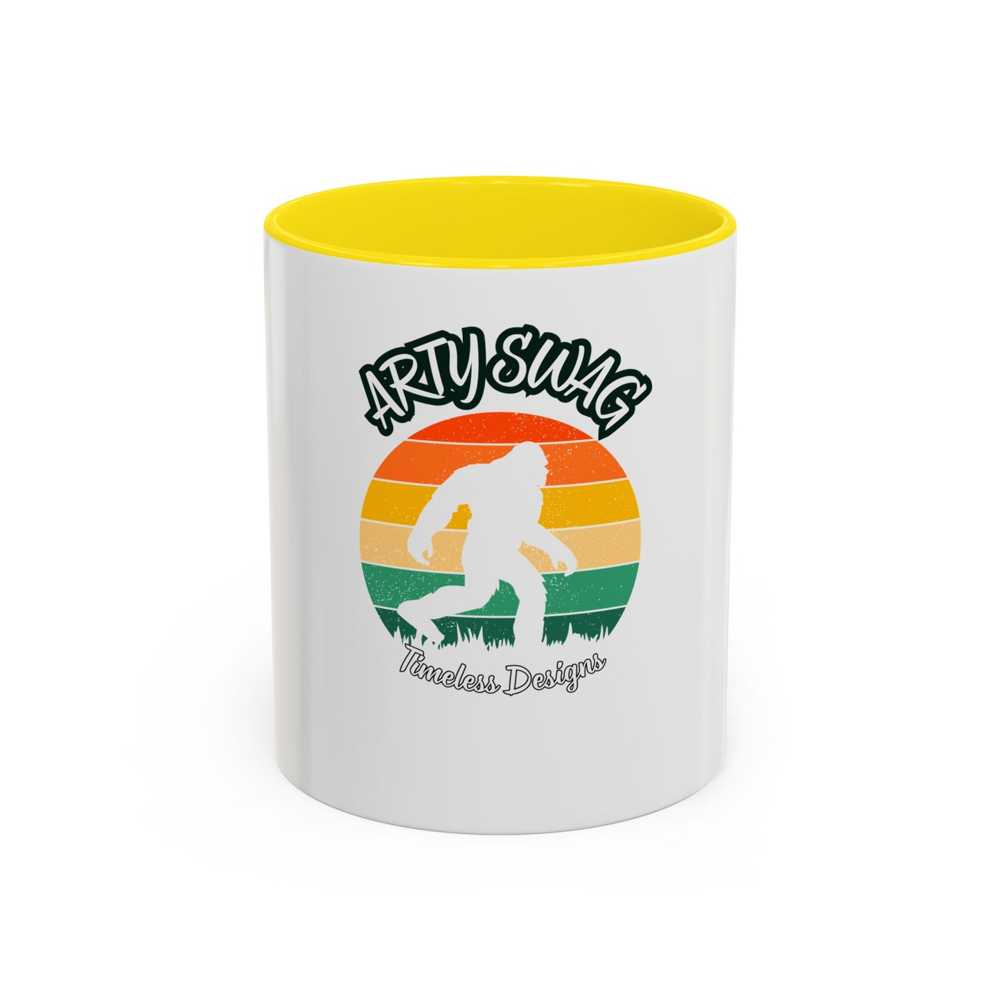 Bigfoot Retro Sunset Coffee Mug — "Arty Swag" Design, 11/15oz Accent