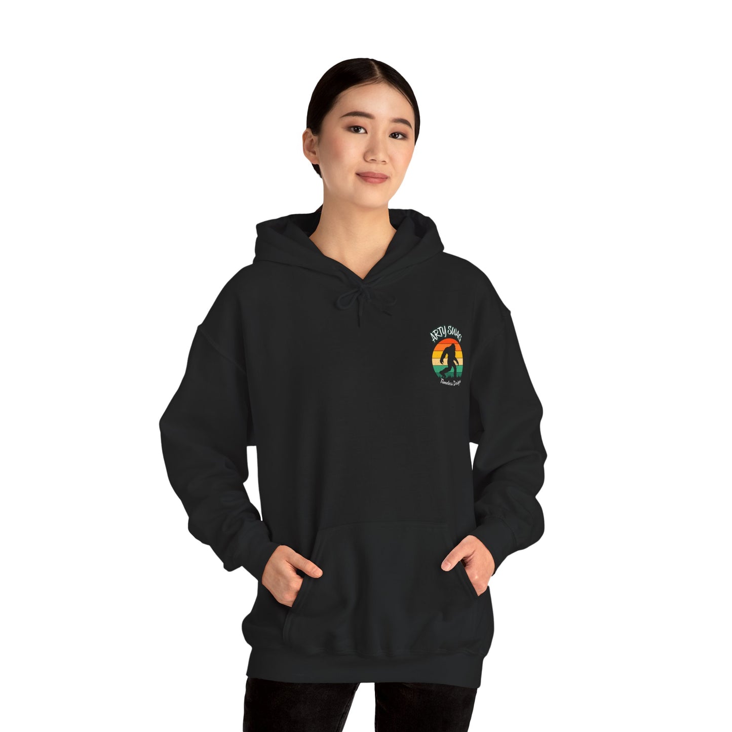 Arty Swag Bigfoot Retro Sunset Hoodie – Adventure Awaits Sasquatch Pullover