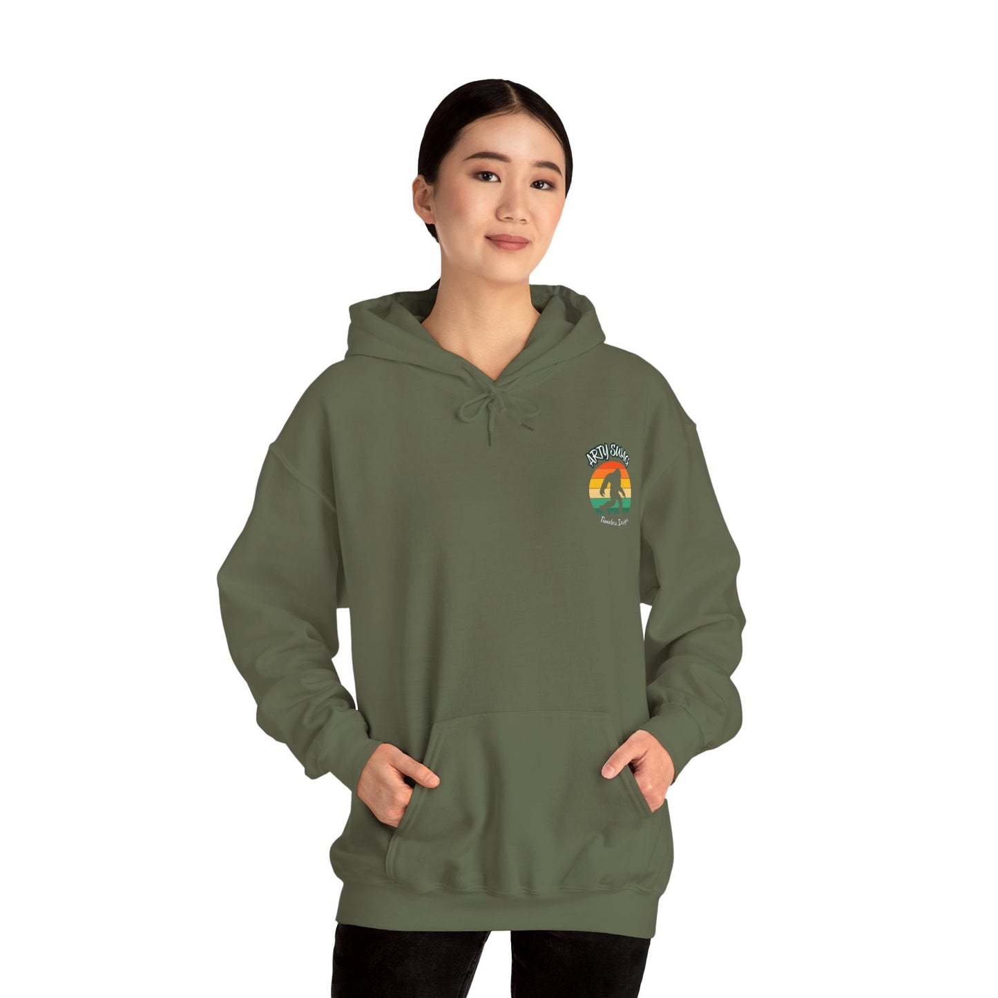 Arty Swag Bigfoot Retro Sunset Hoodie – Adventure Awaits Sasquatch Pullover